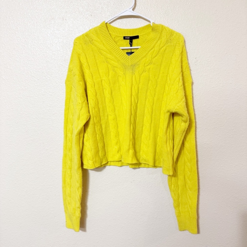 NWT MAJE Miramar Yellow Cable Knit V-Neck Pullover Cashmere Blend Sweater Medium - Picture 6 of 11